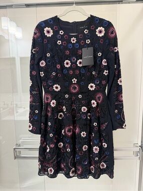 Needle & Thread Navy Floral Embroidered Long Sleeve Mini Dress